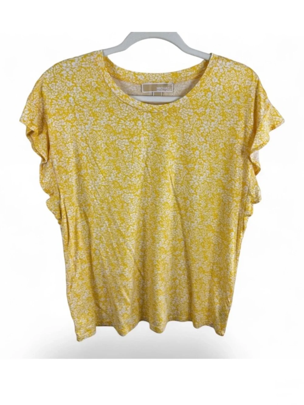 Michael Kors Womens XL Yellow White Floral Ruffle Cap‎ Sleeve Cotton Modal Top